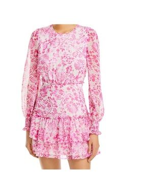 Aqua flora print riffle tiered pink mini dress size S
